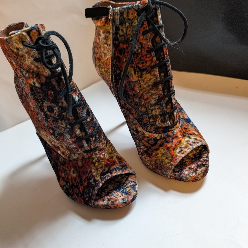 Tabitha Simmons Multicolor Floral Lace up Peep Toe High Heel Booties Size 41 New - Picture 4 of 8